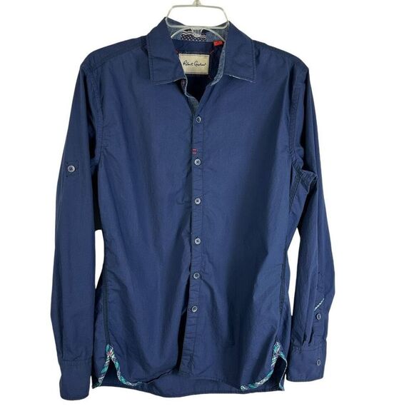 Robert Graham Navy Button Shirt Green Plaid Trim Tailored Fit Mens Size L - Picture 1 of 11